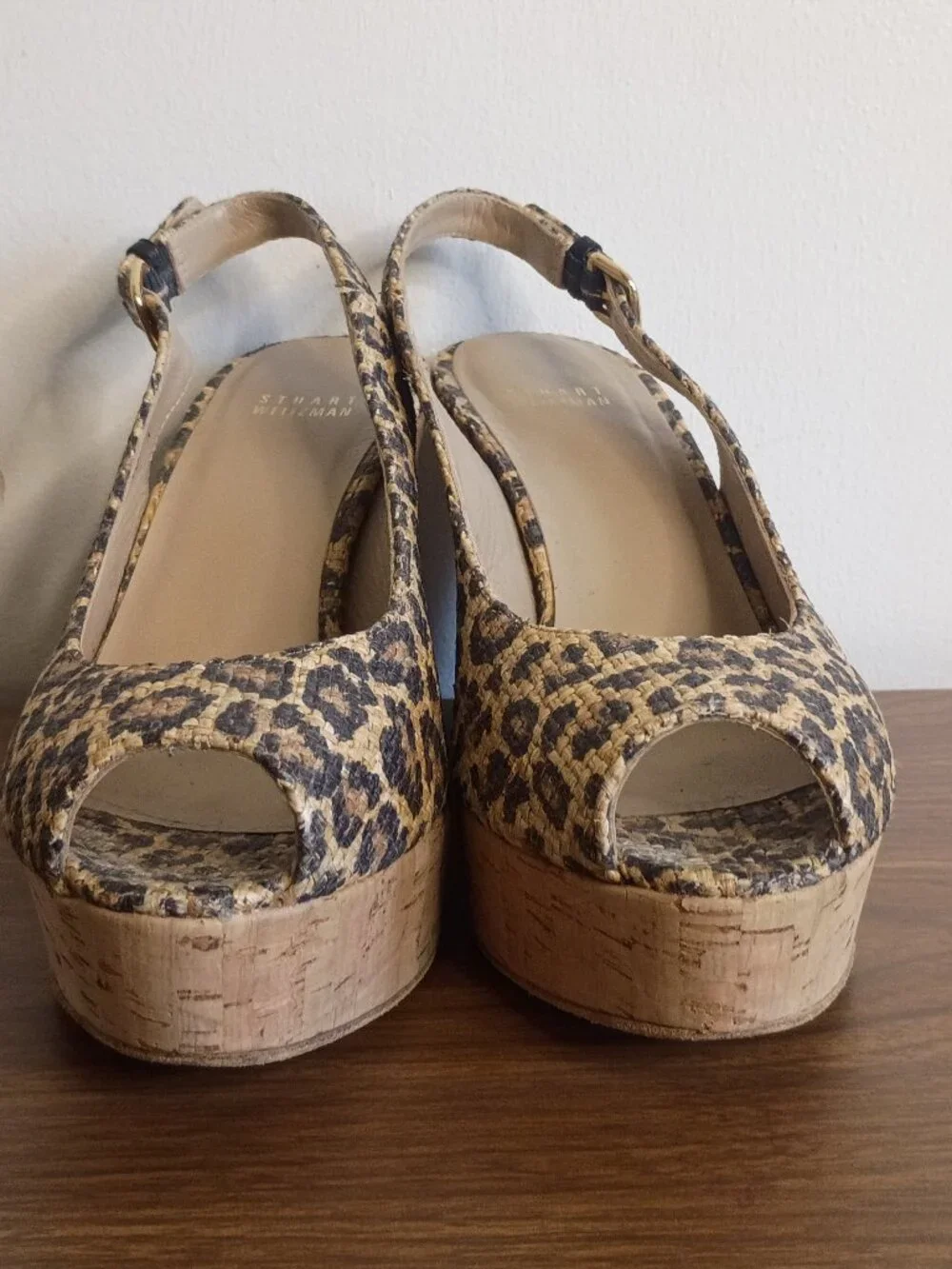 STUART WEITZMAN Sz 10N Animal Print Peep Toe Sling Back Wedge Heels - Picture 8 of 13